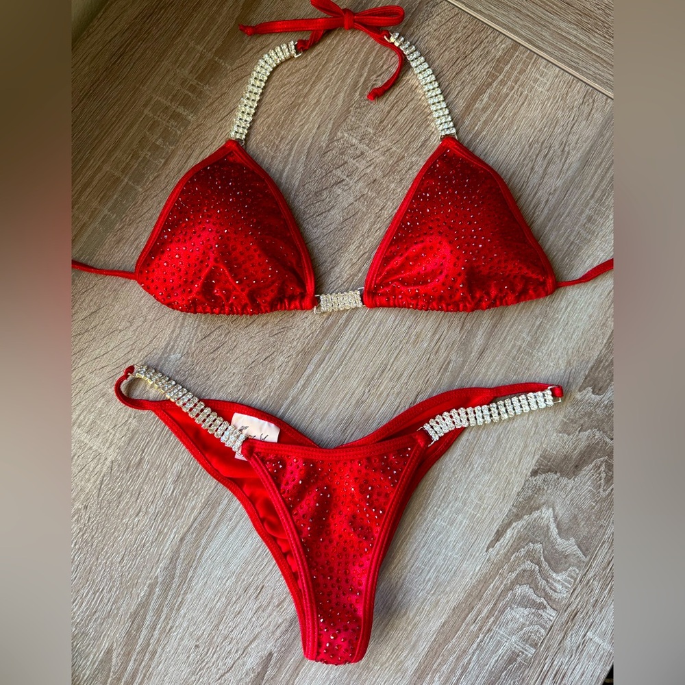 Suits you Swimwear Custom Red Rhinestone Competition Bikini